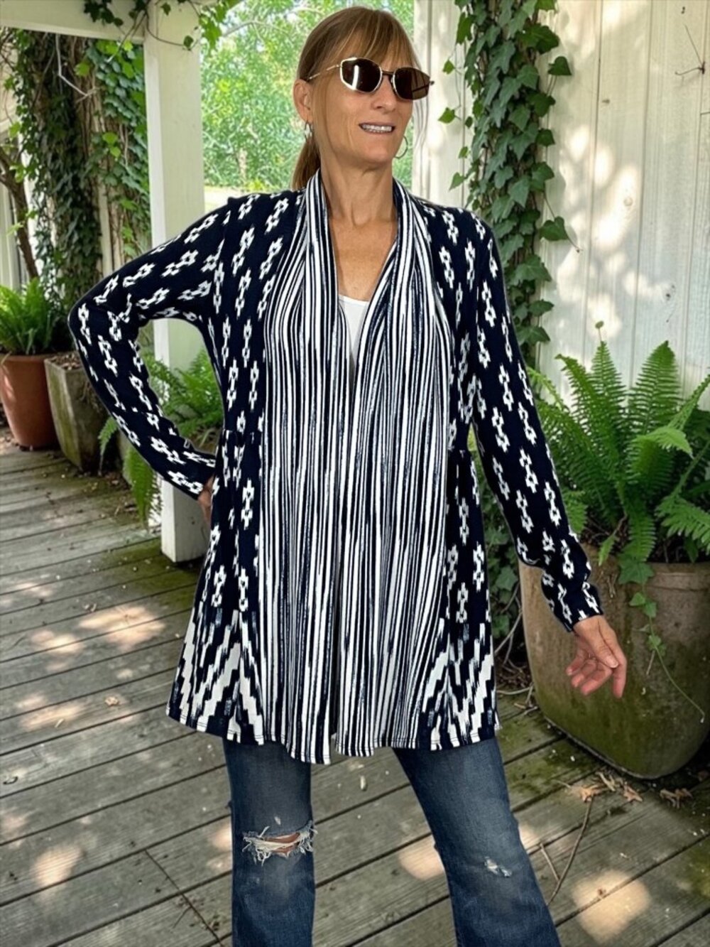 Anthropologie One September Martingale Cardigan M Blue Ikat Open Front